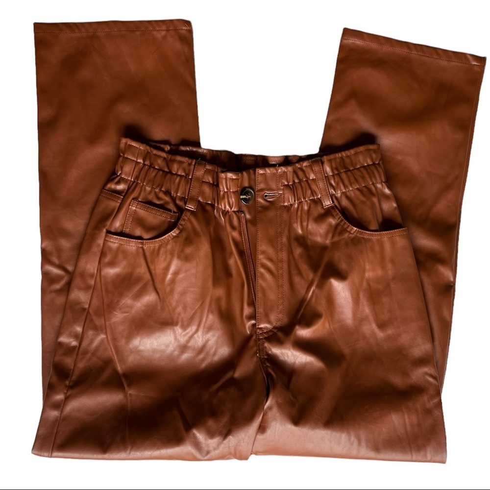 Emory Park faux brown leather straight leg high waisted sinch waist pants